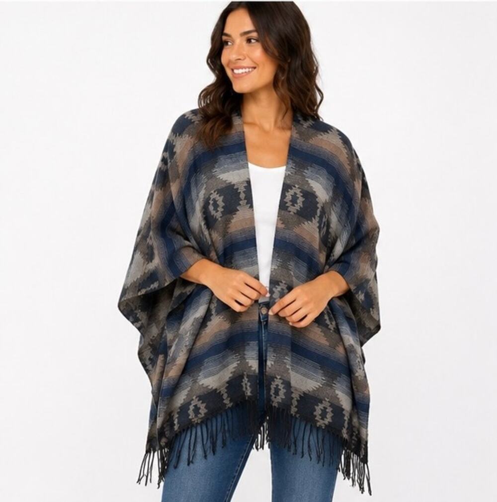 French Laundry Women's Geometric Aztec Fringe Kimono One Size